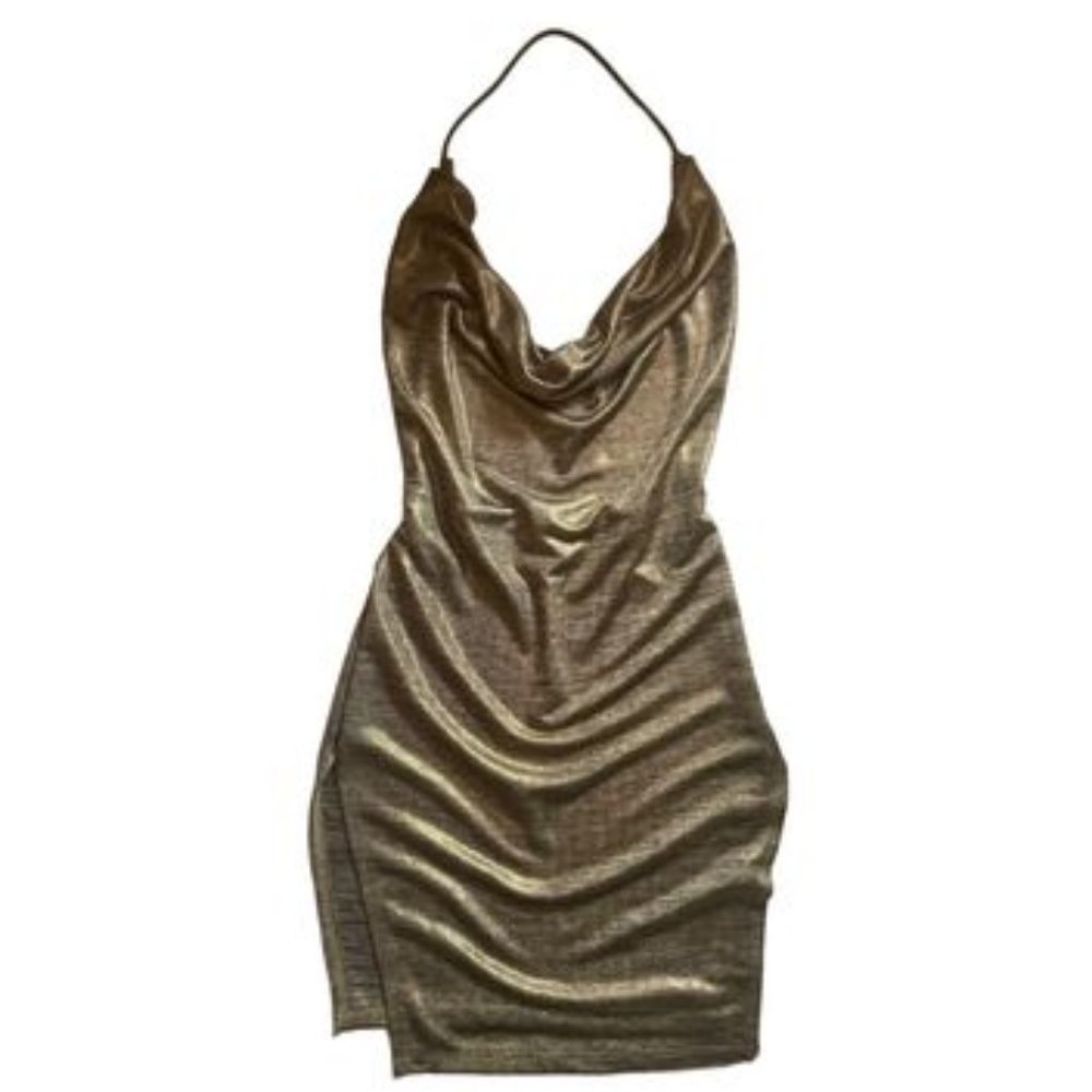 SHORT MINI GOLD METALIC DRESS WITH TWO SIDE SLITS BACKLESS HALTER BODYCON